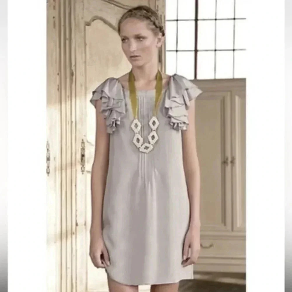 Anthropologie Floreat 100% Silk Silver Ruffle Sleeve Cocktail Dress Size 4 NWT